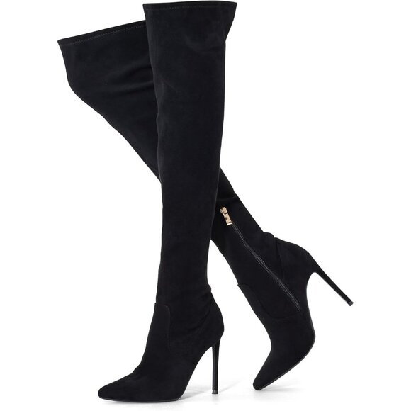 Women Black Faux Suede Over The Knee Thigh High Stiletto Heel Pointed Toe Boots - Picture 5 of 5
